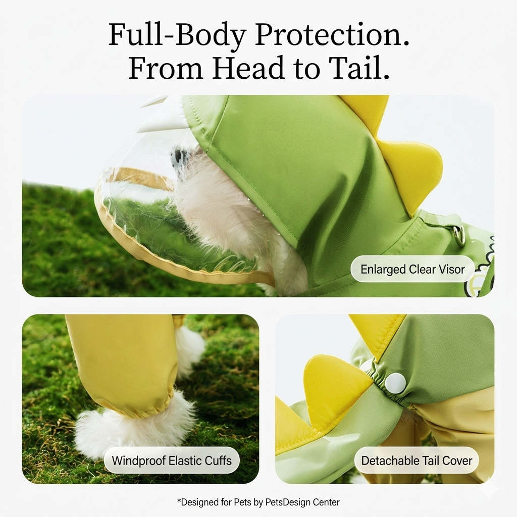 Dog Raincoat Waterproof 4-legged Dinosaur Design With Tail Cover