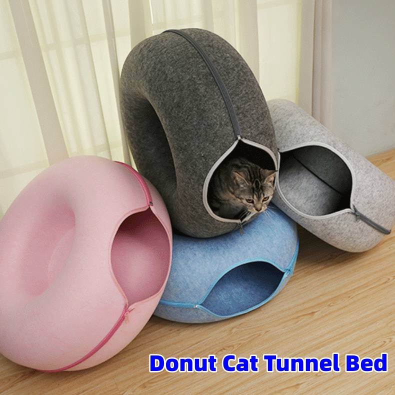 Donut Cat Tunnel Bed Pets House Natural Felt Pet Cave Interactive