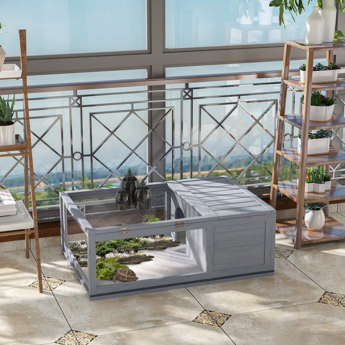 Wooden Reptile Cage With 3 Windows Slide-out Tray For Turtles