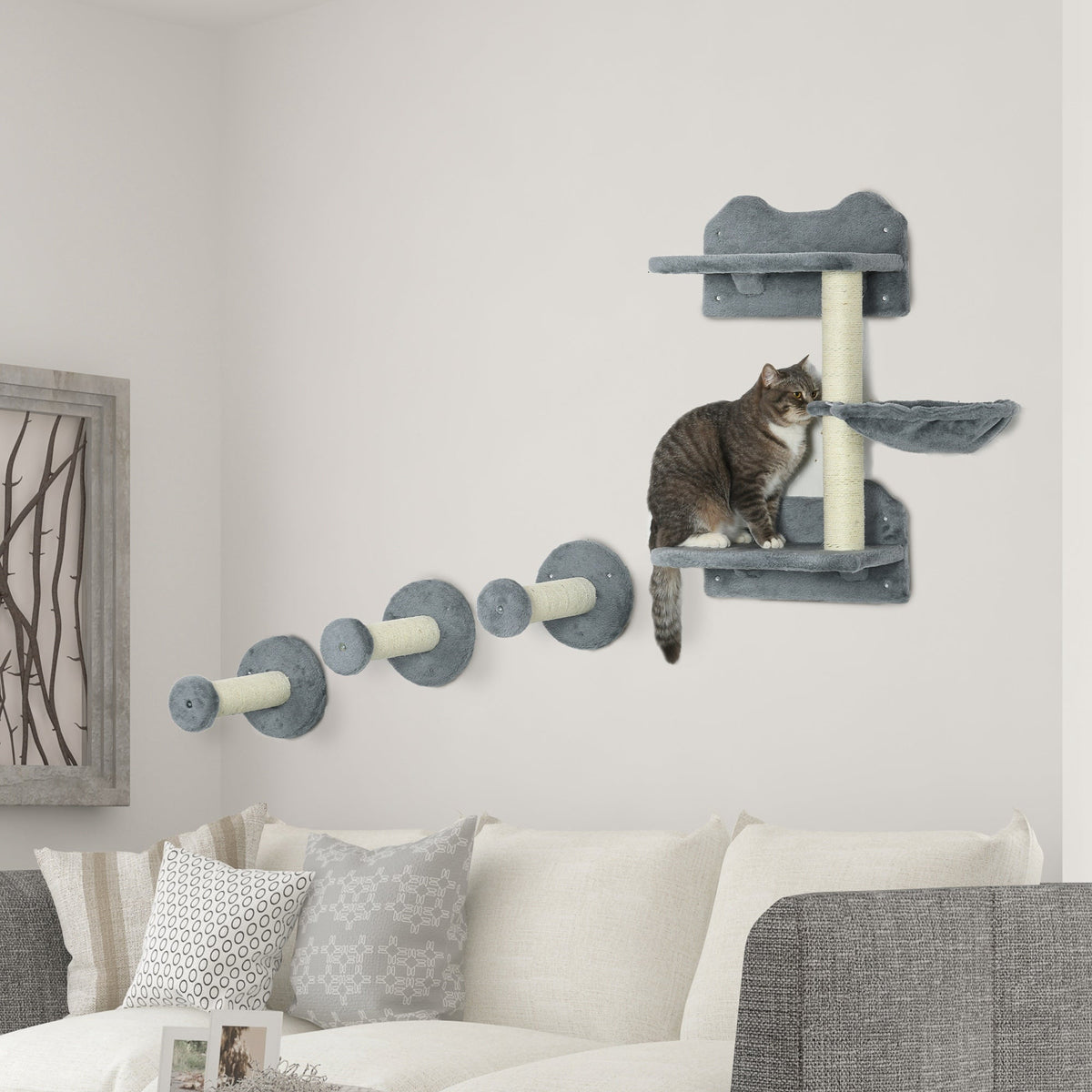 4 Piece Cat Shelf With Scratching Post Wall-mounted Tree For Indoor