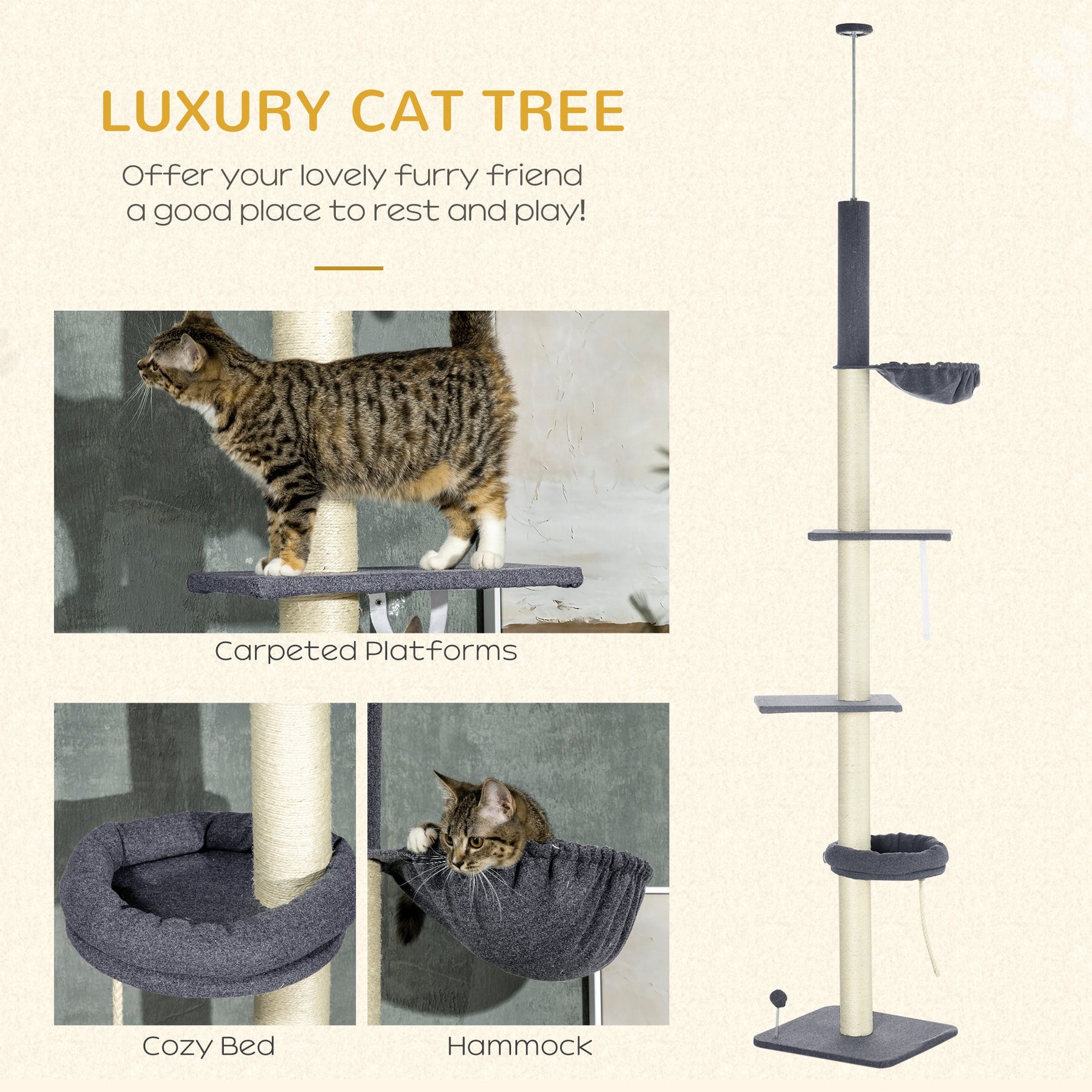 Floor To Ceiling Cat Tree 5-tier Climbing Tower 95-106 Height
