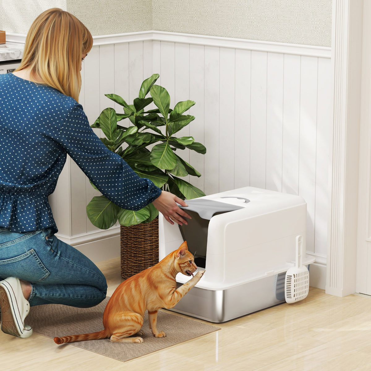 2-in-1 Stainless Steel Cat Litter Box With Removable Lid Scoop