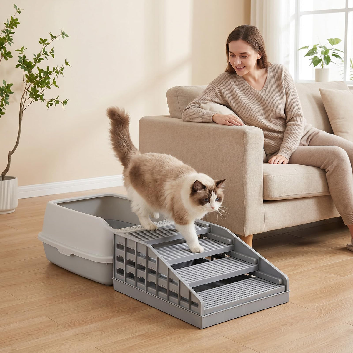 Adjustable Litter Box Ramp Elevated Cat Stairs With Filter Function
