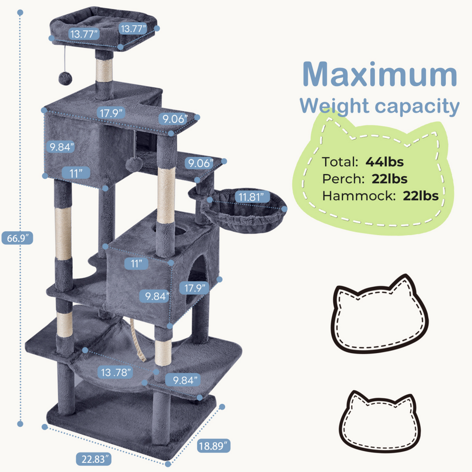 66 Inch Cat Tree Tower Large Multi-cat Climbing Extended Platform