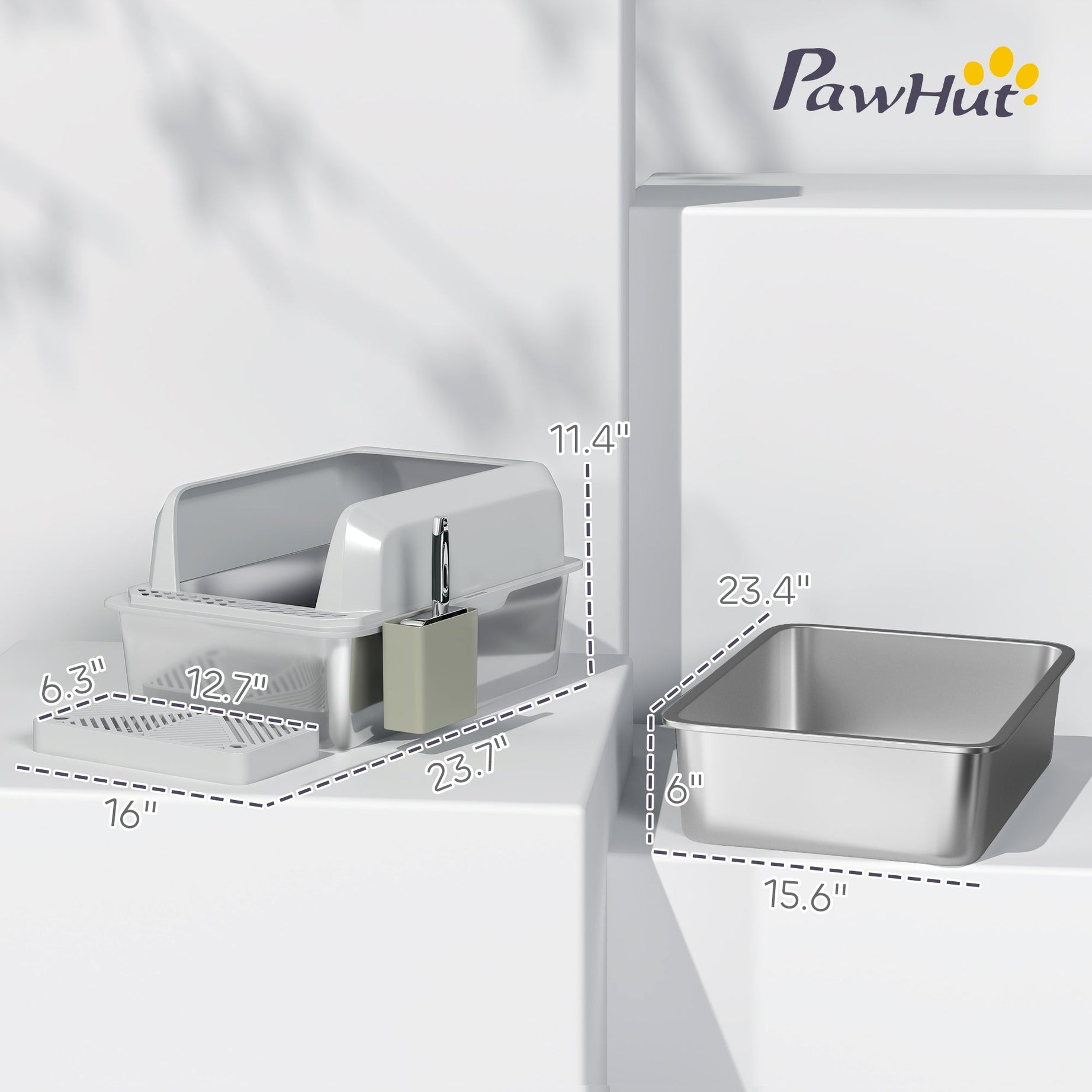 Stainless Steel Litter Box With Metal Scoop Holder High Sided
