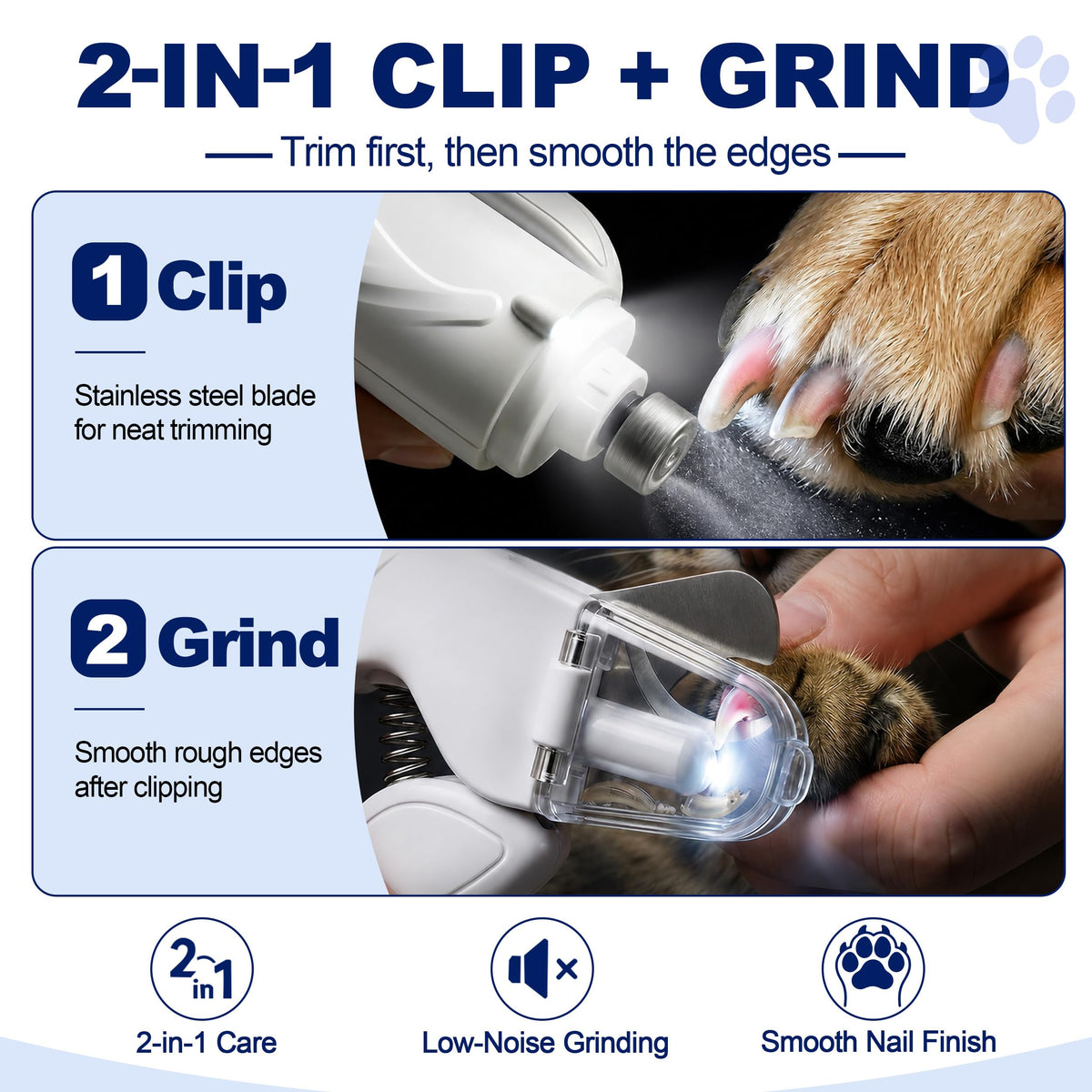 2-in-1 Dog Nail Clippers With Light Electric Pet Grinder Quiet
