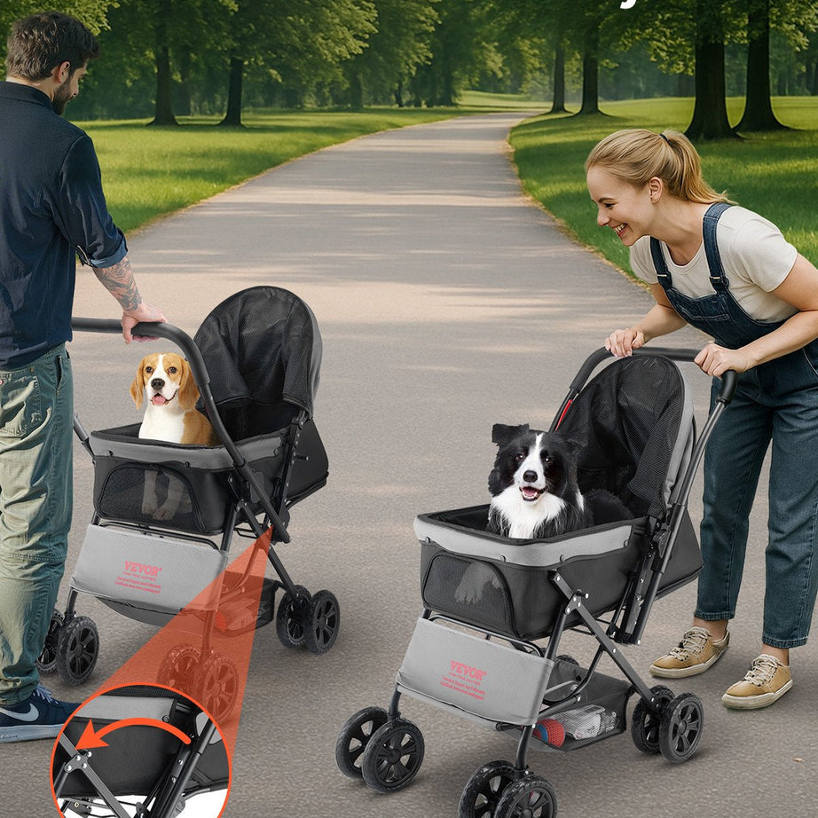 Pet Stroller Foldable 4 Wheels Travel Dog Reversible Handle Up