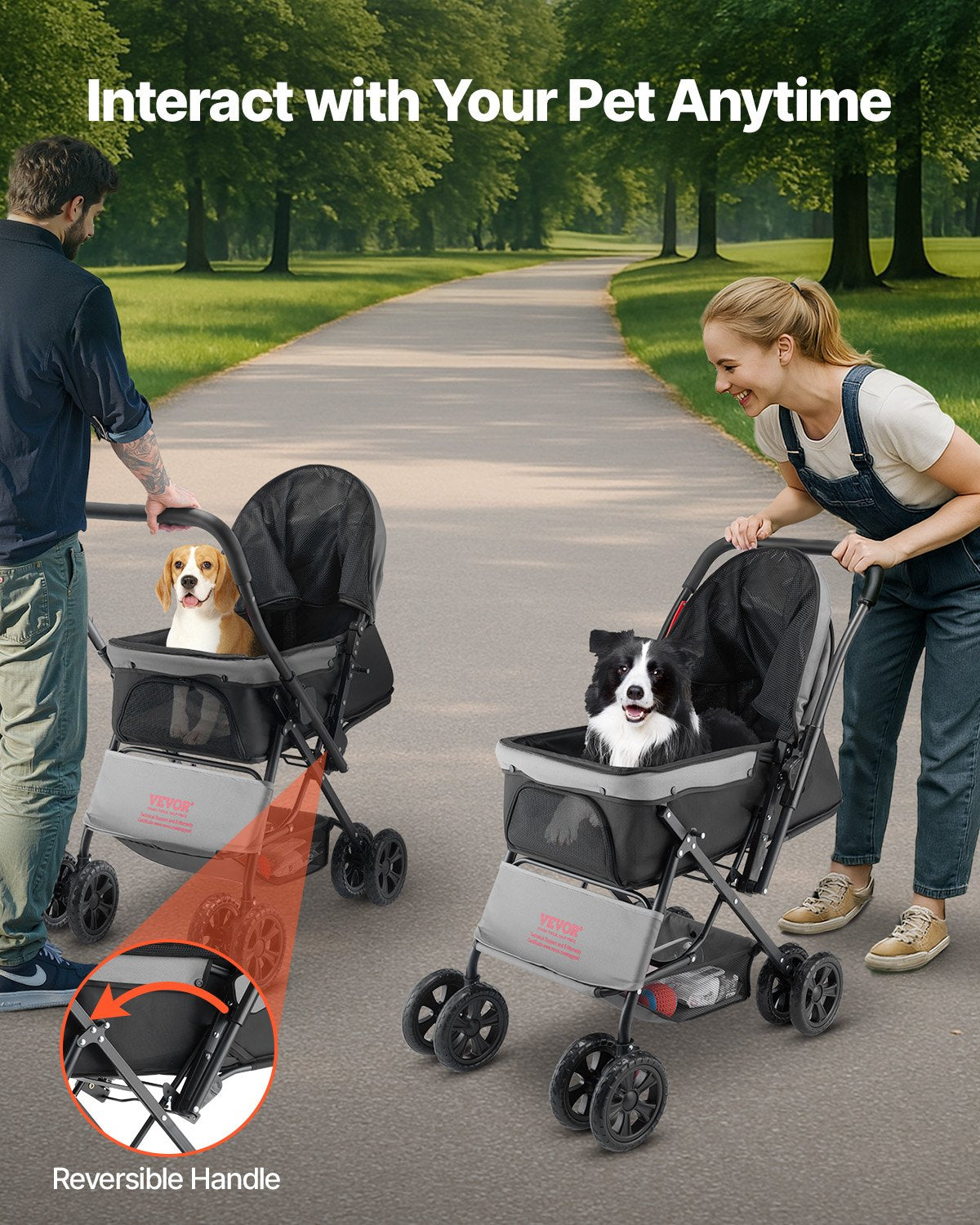 Pet Stroller Foldable 4 Wheels Travel Dog Reversible Handle Up