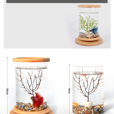 Small Office Glass Aquarium Bamboo Base Mini Fish Tank Decoration