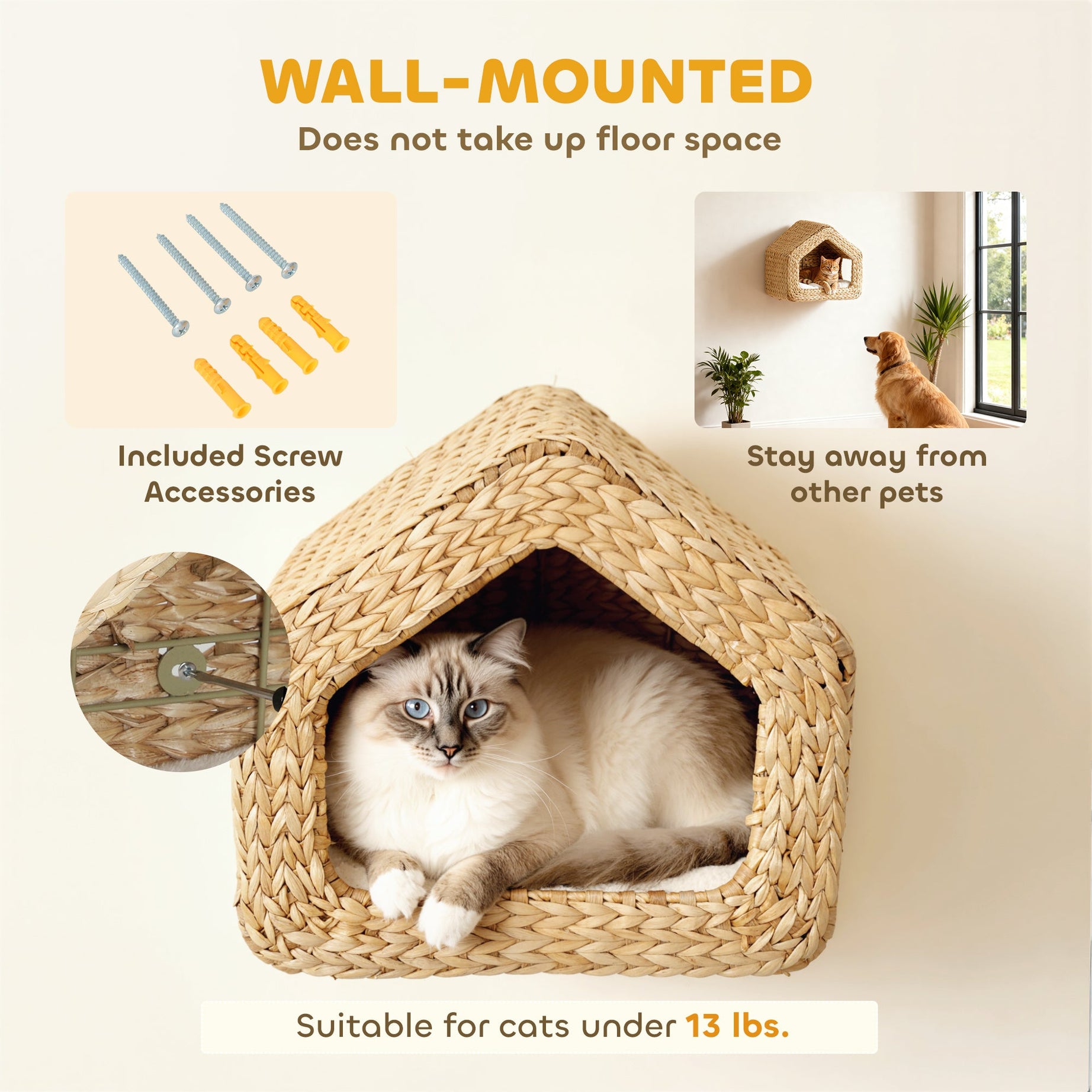 Wall Mounted Cat House Furniture Shelf With Washable Cushion Natural