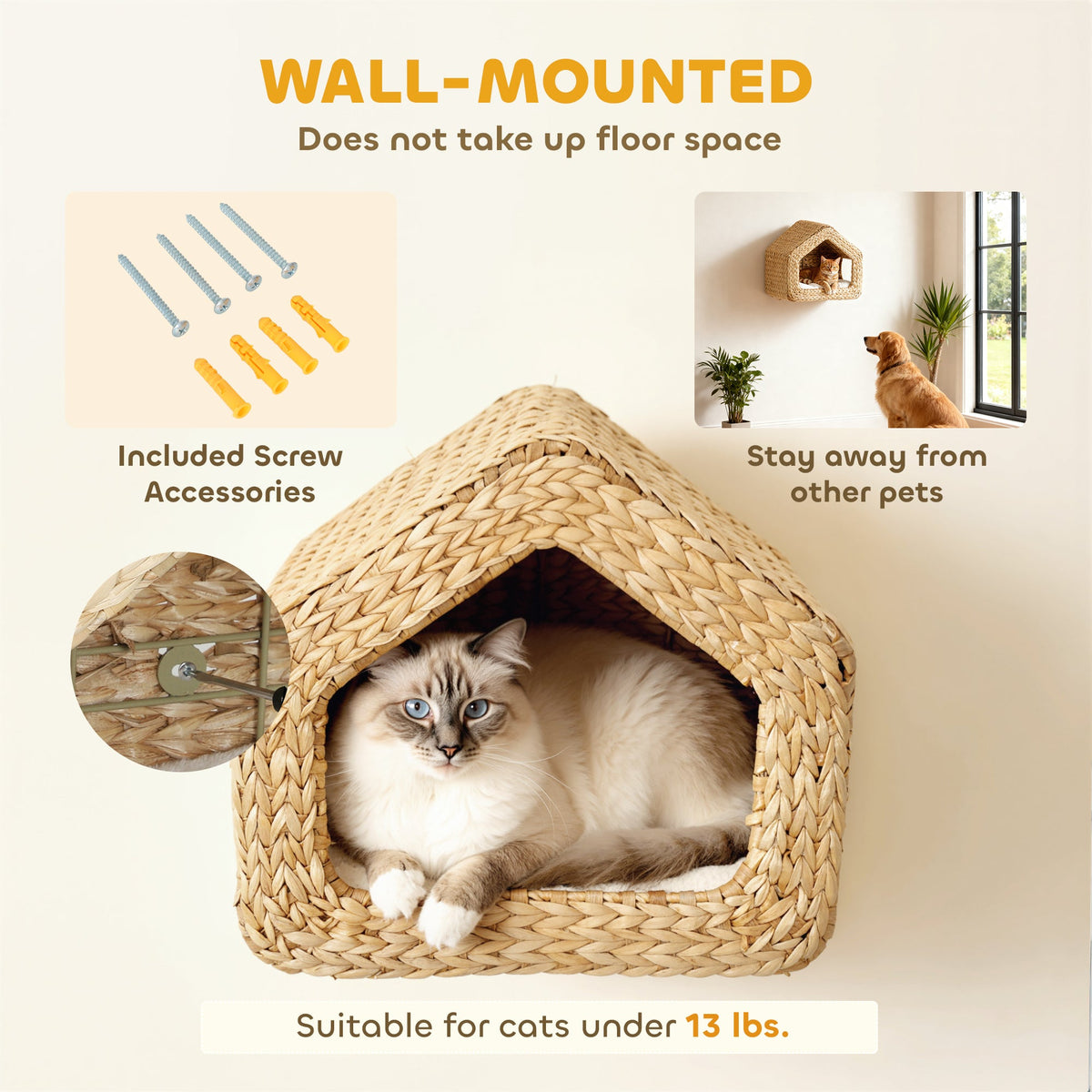 Wall Mounted Cat House Furniture Shelf With Washable Cushion Natural