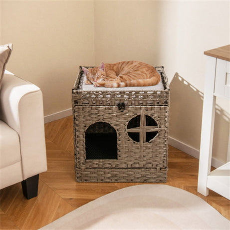 2-tier Wicker Cat Condo With Litter Mat Hidden Box Enclosure