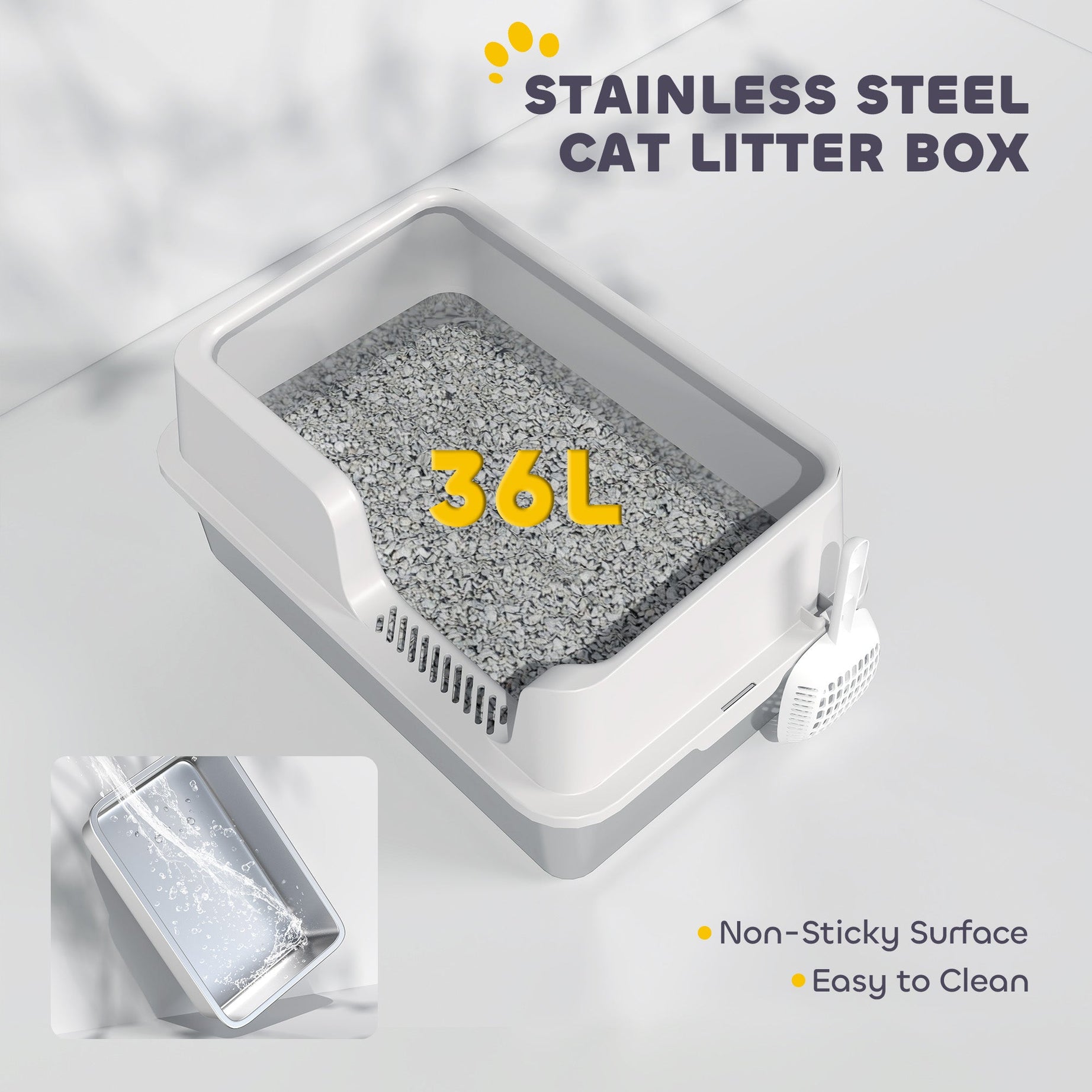 Stainless Steel Litter Box With High Side Scoop Easy Cleaning