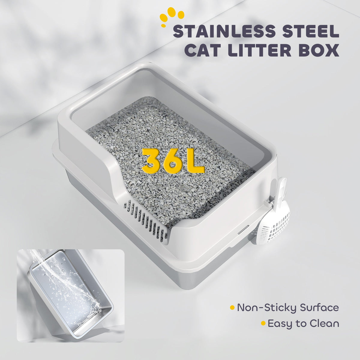 Stainless Steel Litter Box With High Side Scoop Easy Cleaning