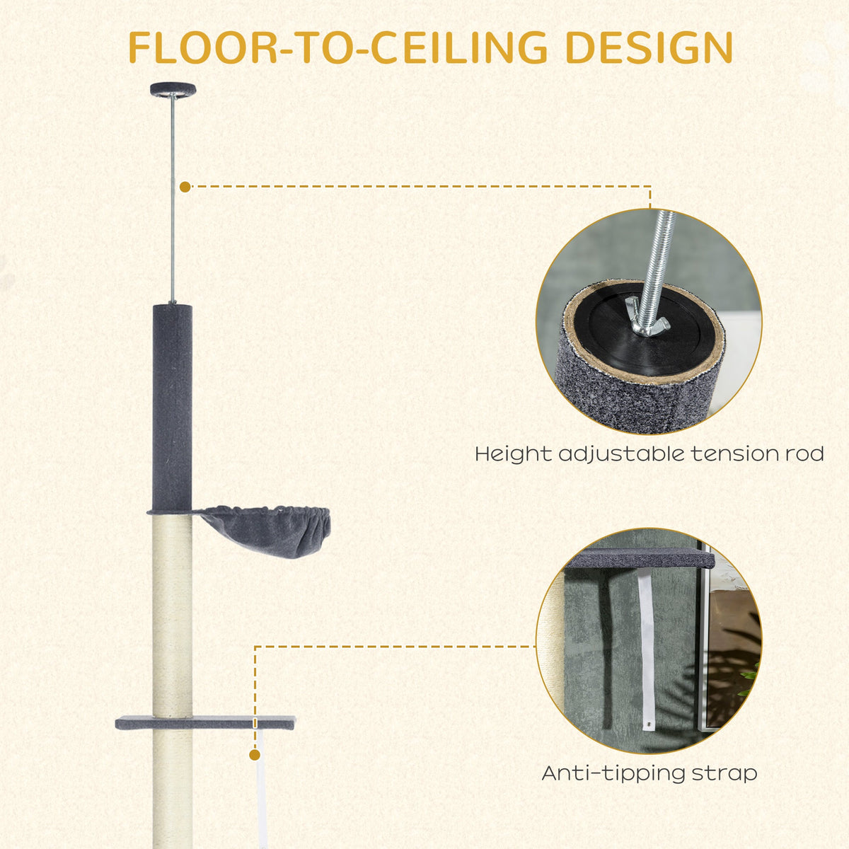 Floor To Ceiling Cat Tree 5-tier Climbing Tower 95-106 Height