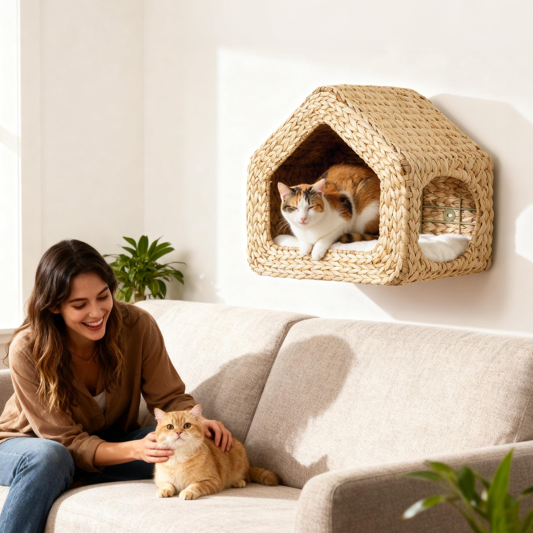 Wall Mounted Cat House Furniture Shelf With Washable Cushion Natural