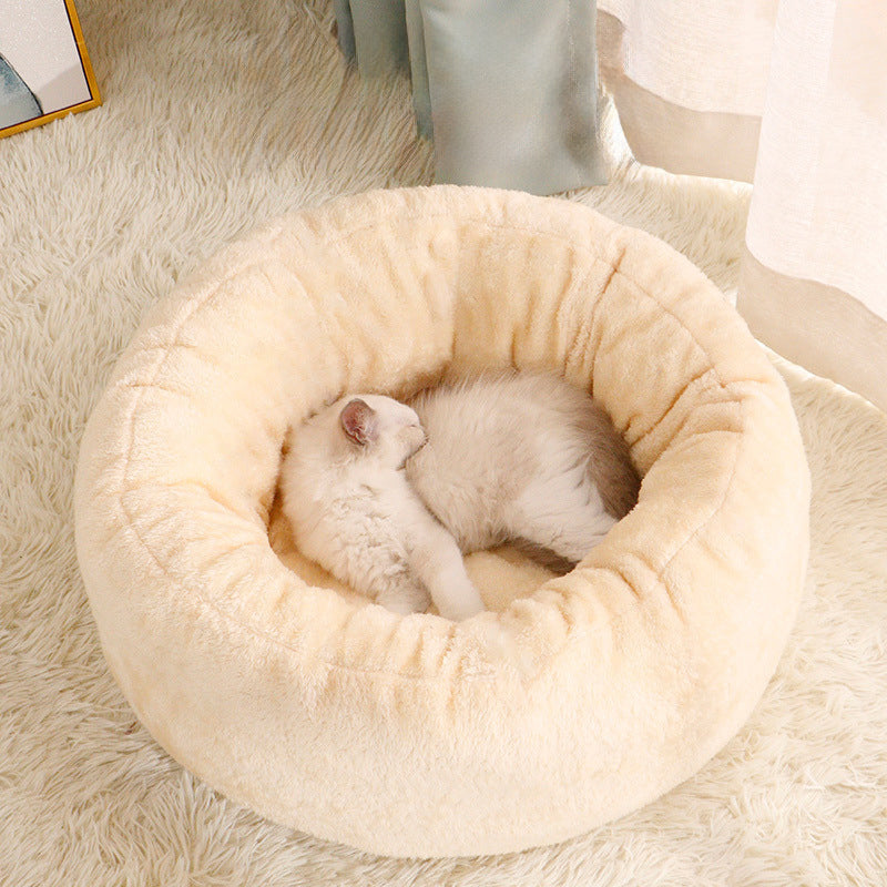 Pet Dog Bed Long Plush Donut Round Kennel Comfortable Fluffy