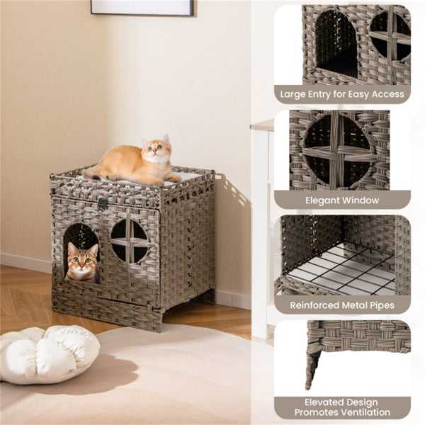 2-tier Wicker Cat Condo With Litter Mat Hidden Box Enclosure