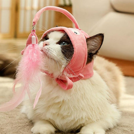 New Head Wearing Feather Funny Cat Stick Toy Gray Big Eye Pet Toys