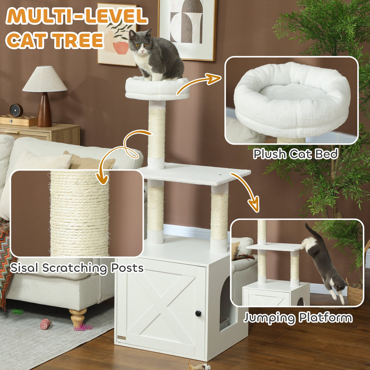 Cat Tree With Litter Box Enclosure Scratching Posts Bed Climbing