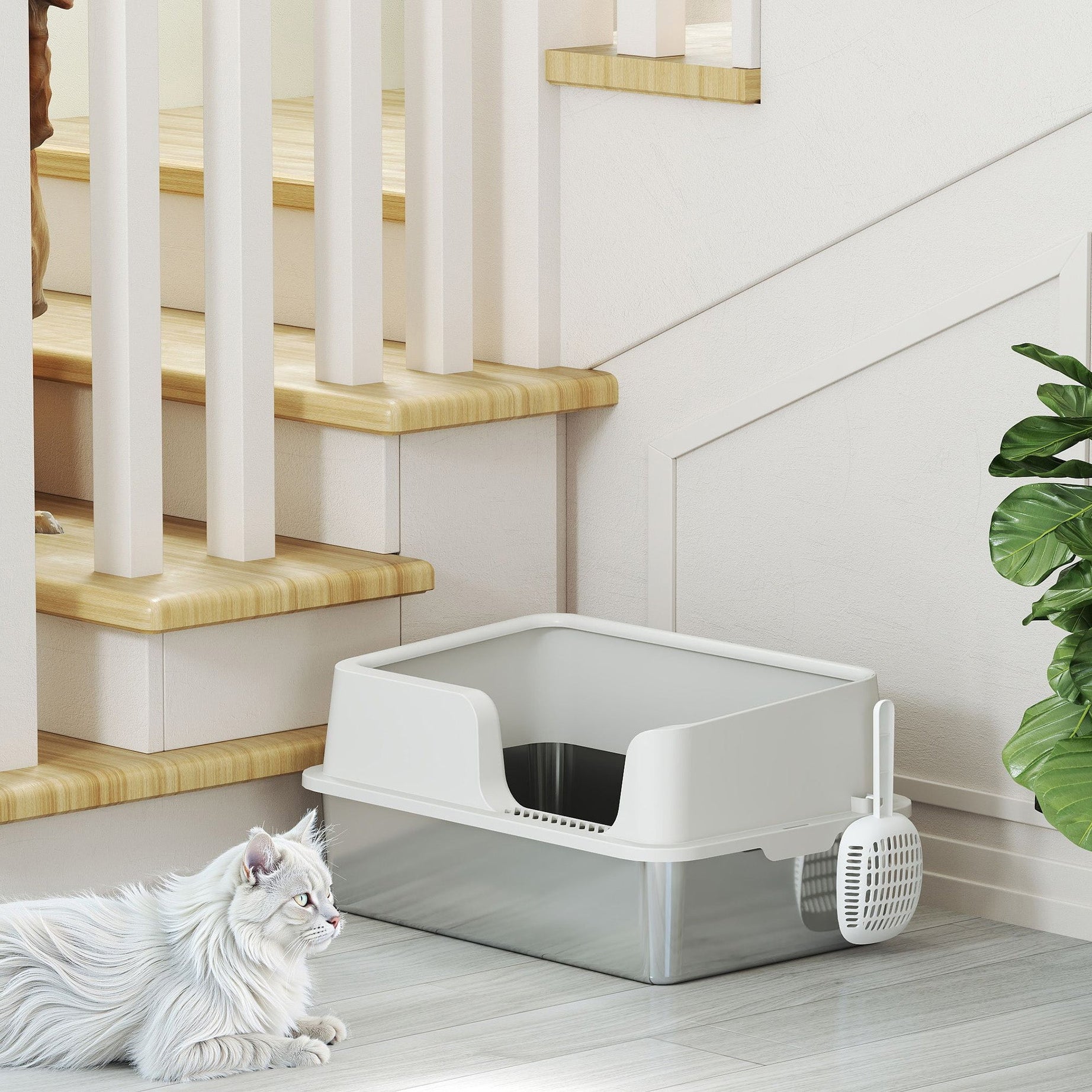 Stainless Steel Litter Box With High Side Scoop Easy Cleaning
