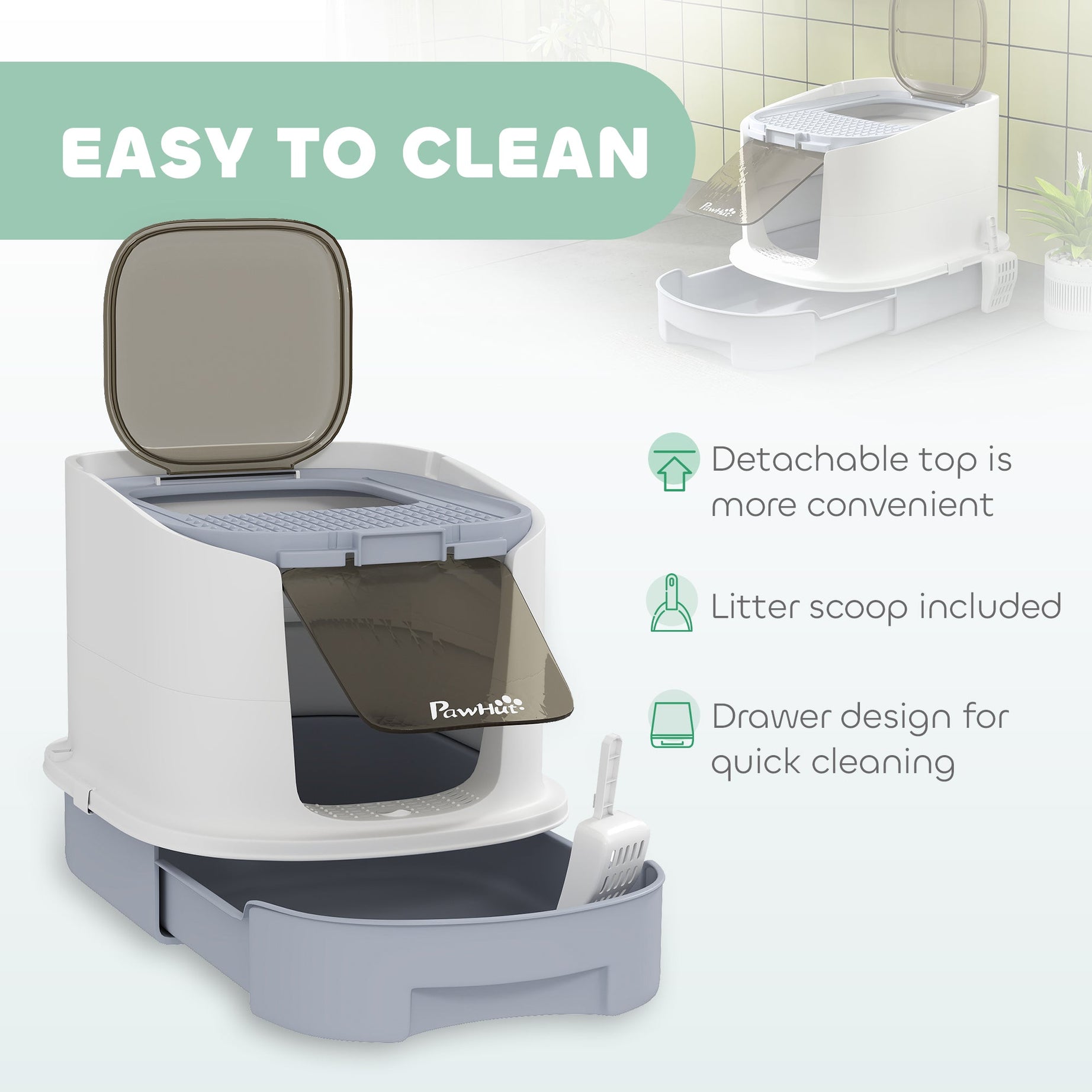 Covered Cat Litter Box With Lid Drawer Scoop Top Entry Deodorizing