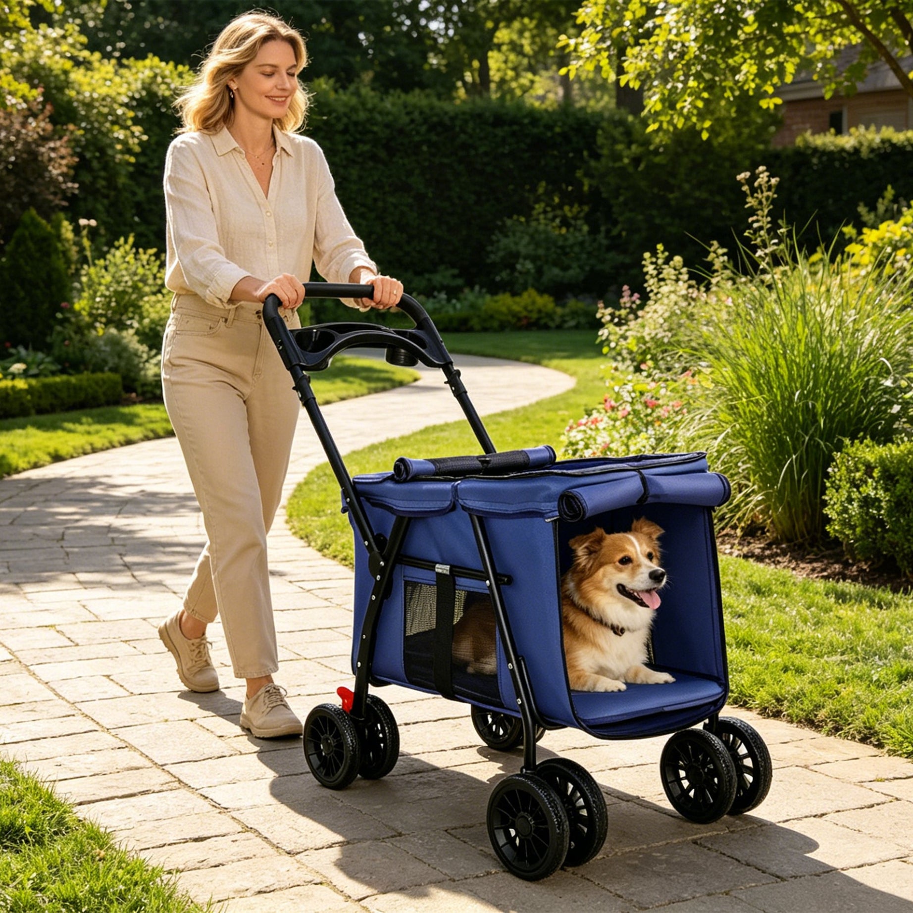 Pet Stroller Foldable 4-wheel Design Breathable Mesh Dog Cat