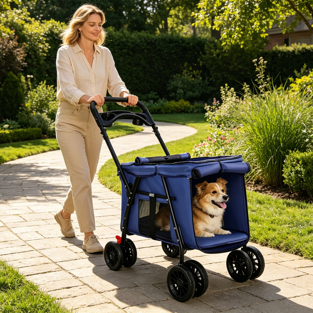 Pet Stroller Foldable 4-wheel Design Breathable Mesh Dog Cat