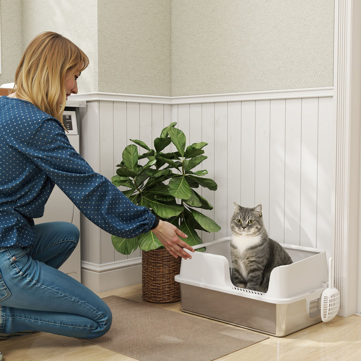 Stainless Steel Litter Box With High Side Scoop Easy Cleaning
