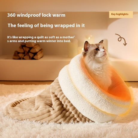 Pet Sleeping Bag Winter Warm Soft Plush Semi Enclosed Cat Nest Home