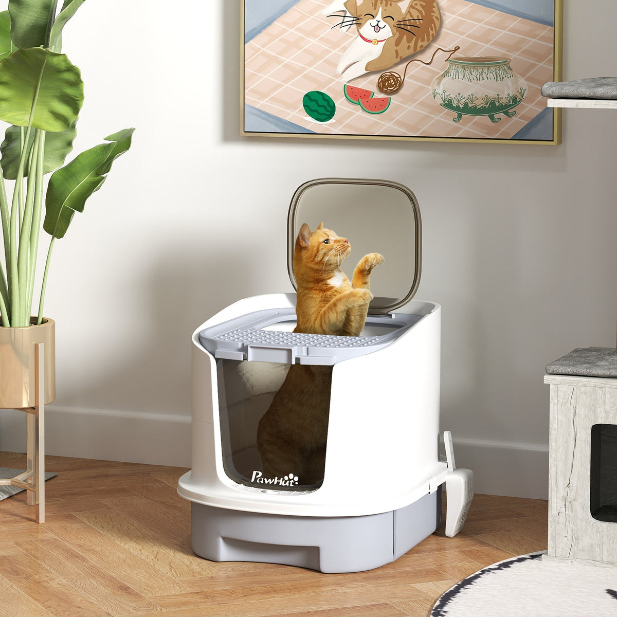 Covered Cat Litter Box With Lid Drawer Scoop Top Entry Deodorizing