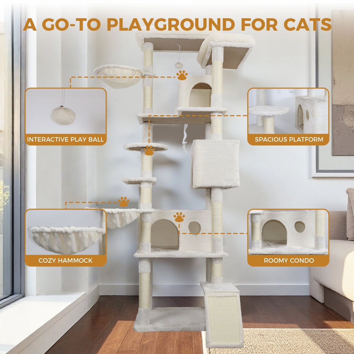 84 In Beige Cat Tree Tower With Large Condo Sisal Scratching Post
