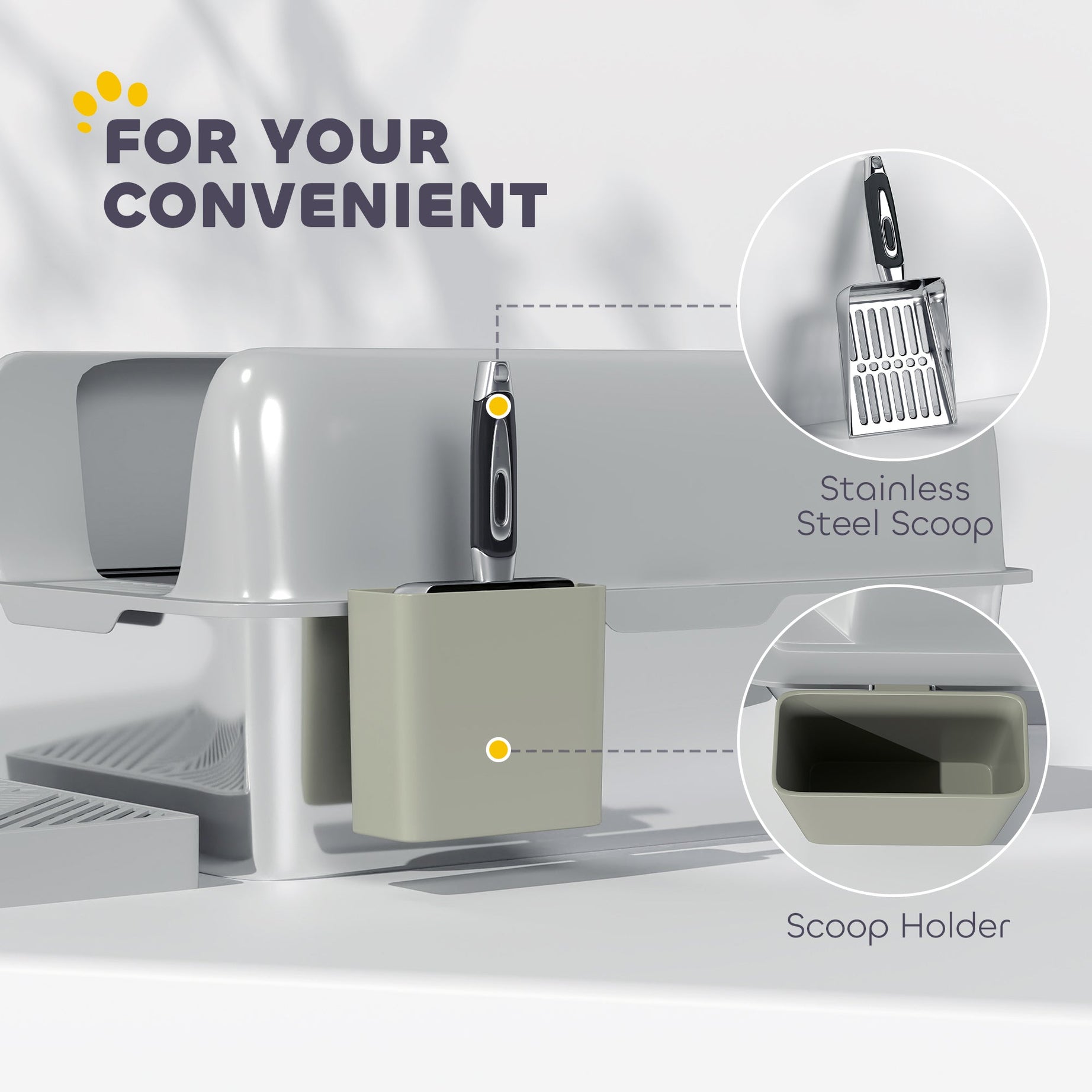 High Sided Stainless Steel Litter Box With Metal Scoop Holder