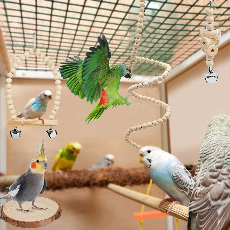 9-piece Parakeet Toys Budgie Bird Cage Accessories Set Natural Wood
