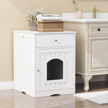 White Wooden Cat Litter Box Enclosure W Drawer Side Table Indoor