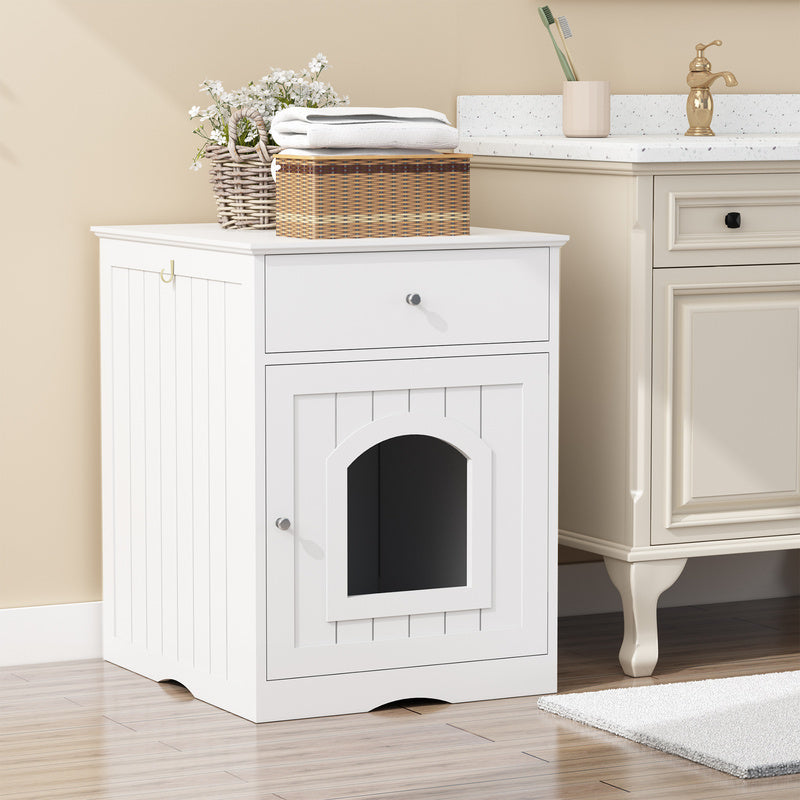 White Wooden Cat Litter Box Enclosure W Drawer Side Table Indoor