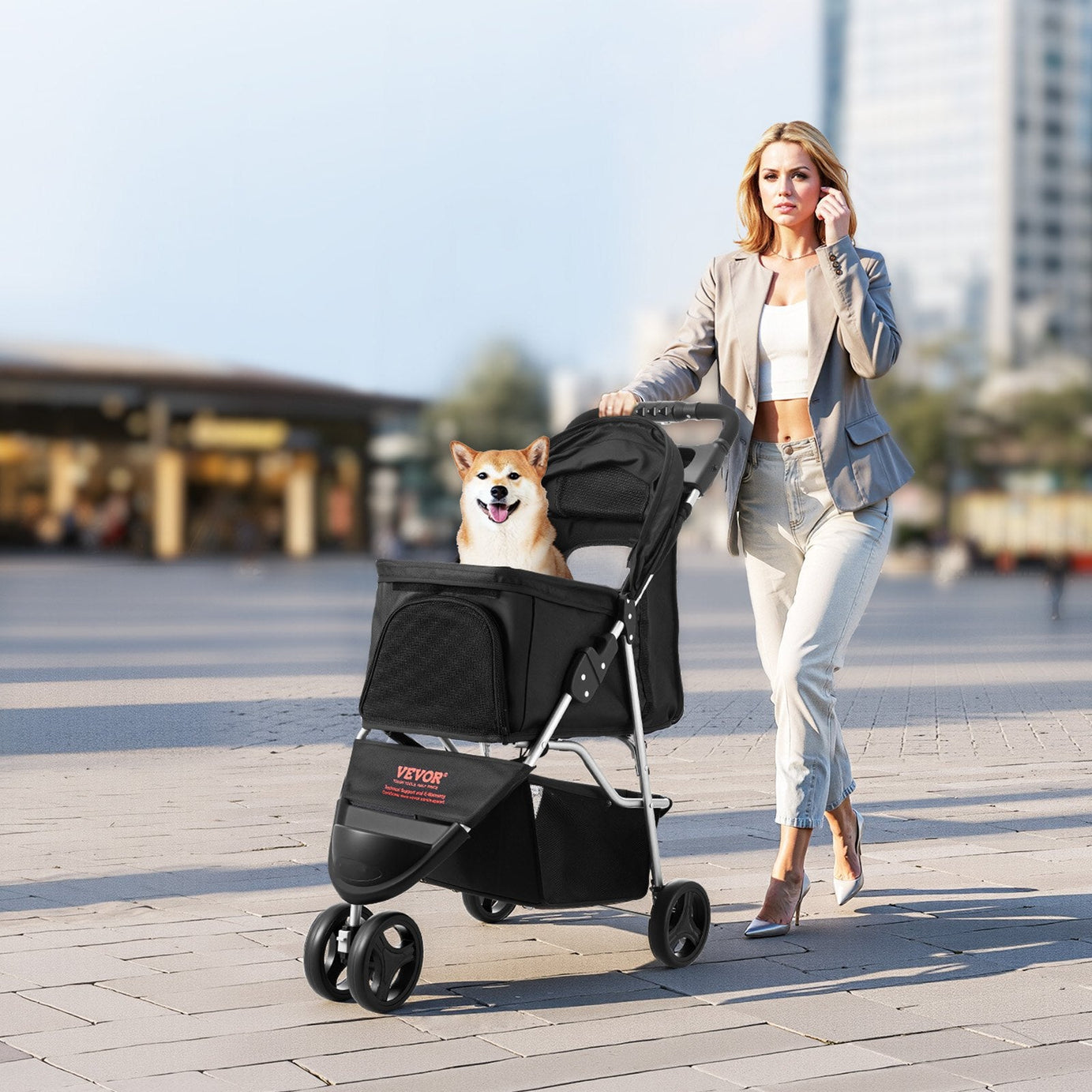 Pet Stroller Foldable 3 Wheels Dog With Brake Up To 35lbs Travel