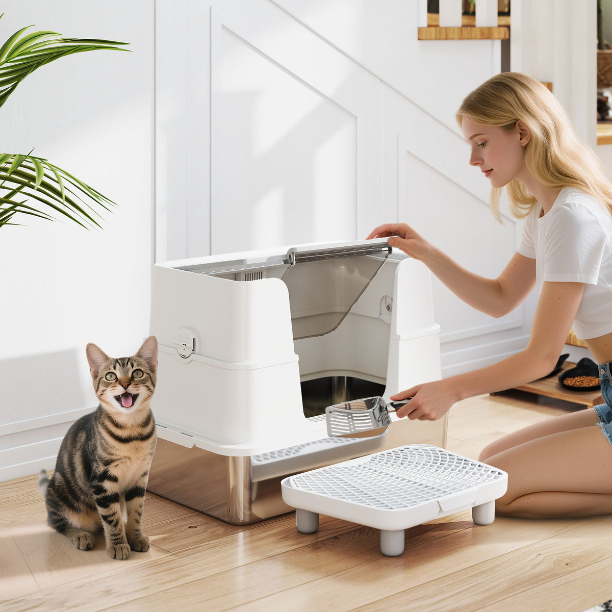 Xl Stainless Steel Litter Box W Flip Top Scoop Step Side Entry