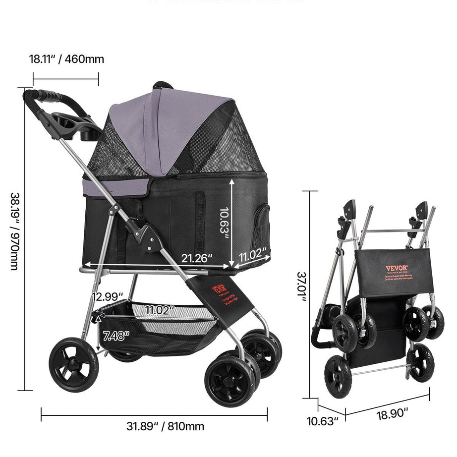 Pet Stroller Foldable 4 Wheels Dog Detachable Carrier Up To 35lbs
