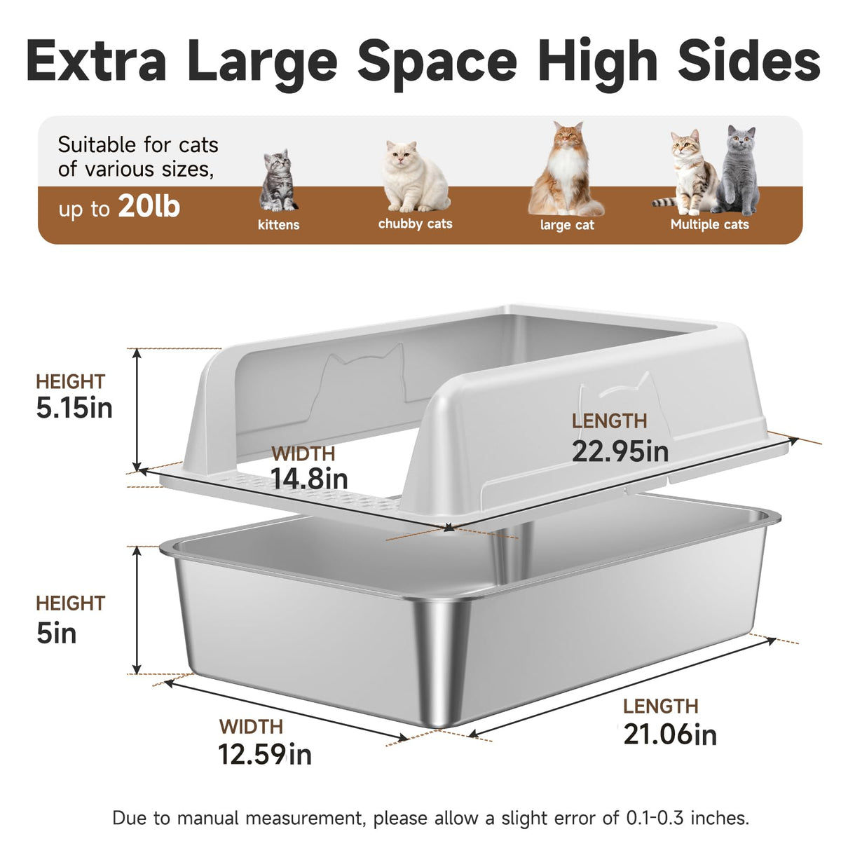 Stainless Steel Cat Litter Box For Cats High-sided Design Prevents