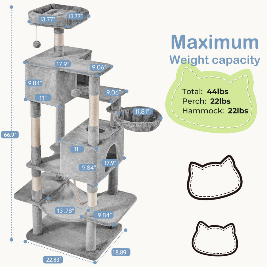 66 Inch Cat Tree Tower Large Multi-cat Climbing Extended Platform