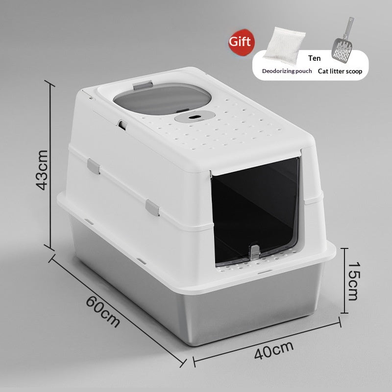 Stainless Steel Cat Litter Box With Flip Top Cover Closed Design