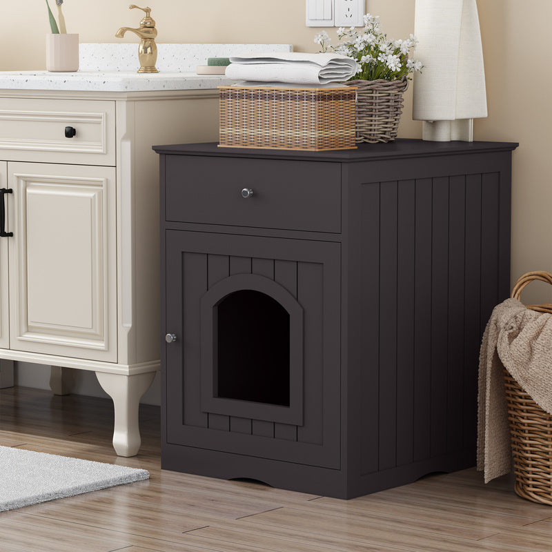 Black Wooden Cat Litter Box Enclosure W Drawer Side Table Indoor