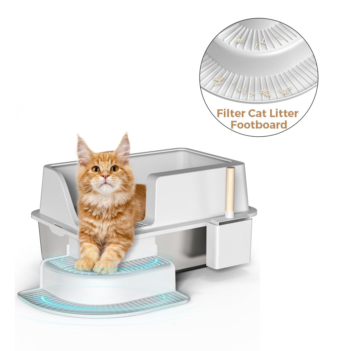 30l Semi Enclosed Cat Litter Box With Footboard And Scoop Stainless
