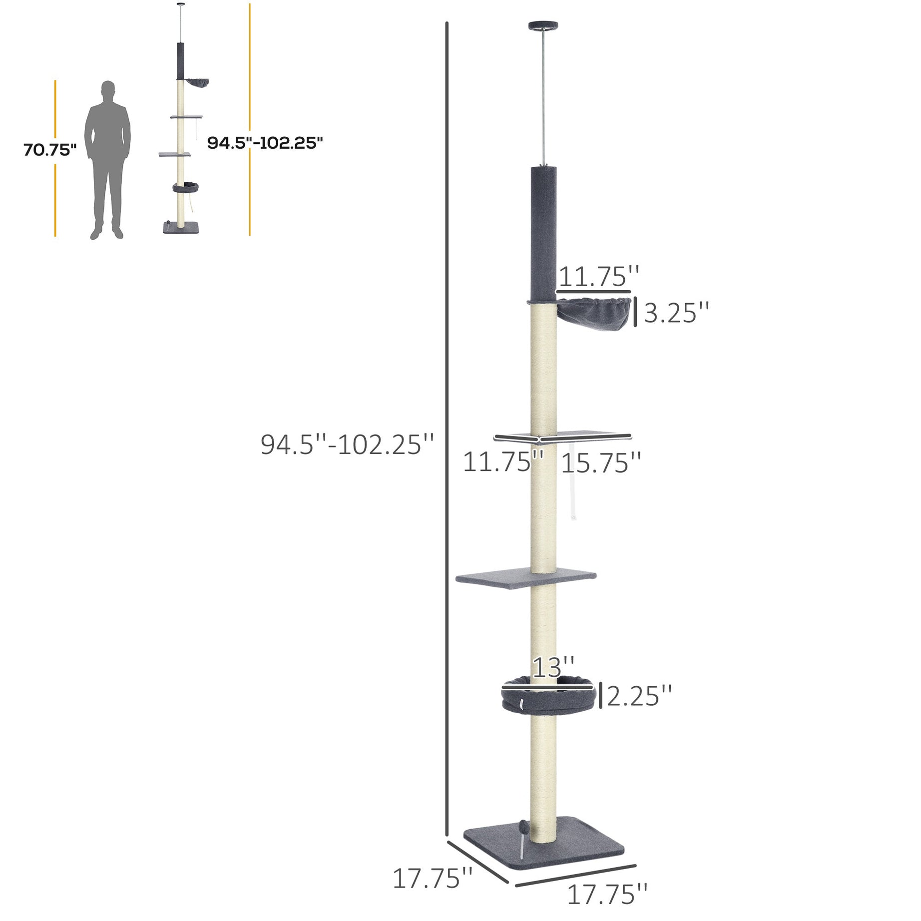 Floor To Ceiling Cat Tree 5-tier Climbing Tower 95-106 Height