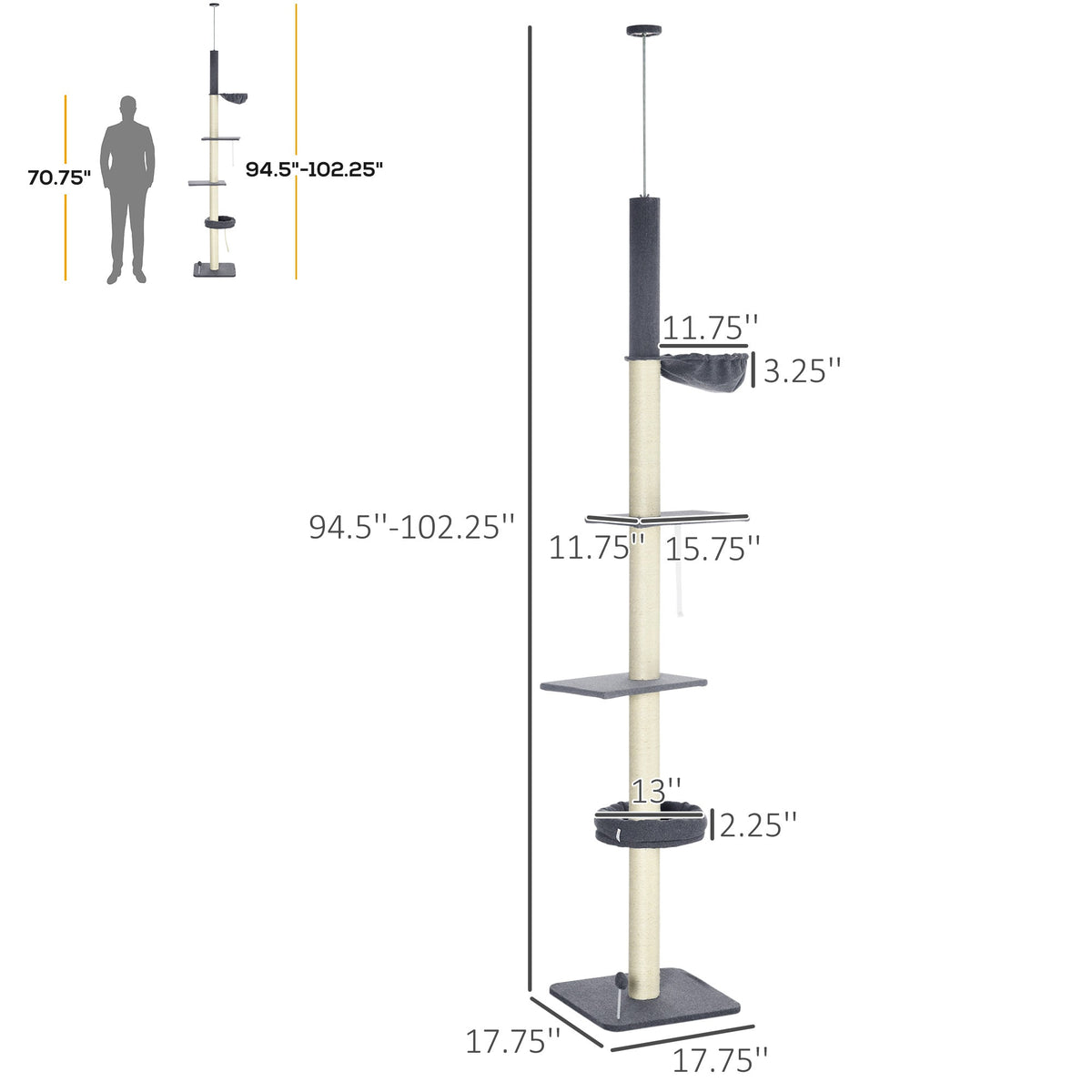 Floor To Ceiling Cat Tree 5-tier Climbing Tower 95-106 Height
