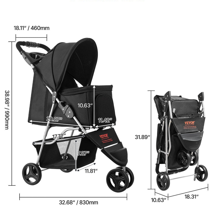 Pet Stroller Foldable 3 Wheels Dog With Brake Up To 35lbs Travel