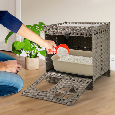 2-tier Wicker Cat Condo With Litter Mat Hidden Box Enclosure