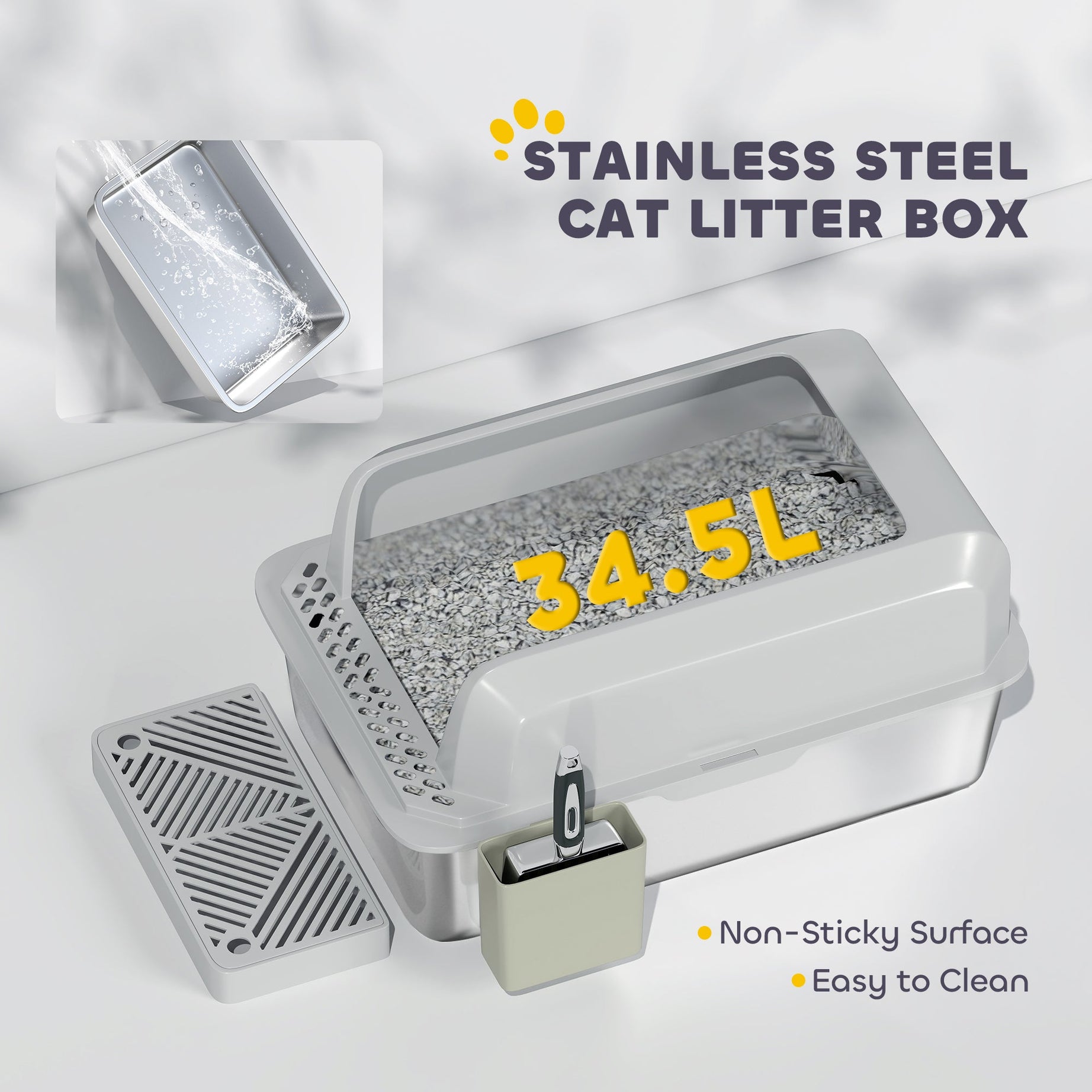 Stainless Steel Litter Box With Metal Scoop Holder High Sided