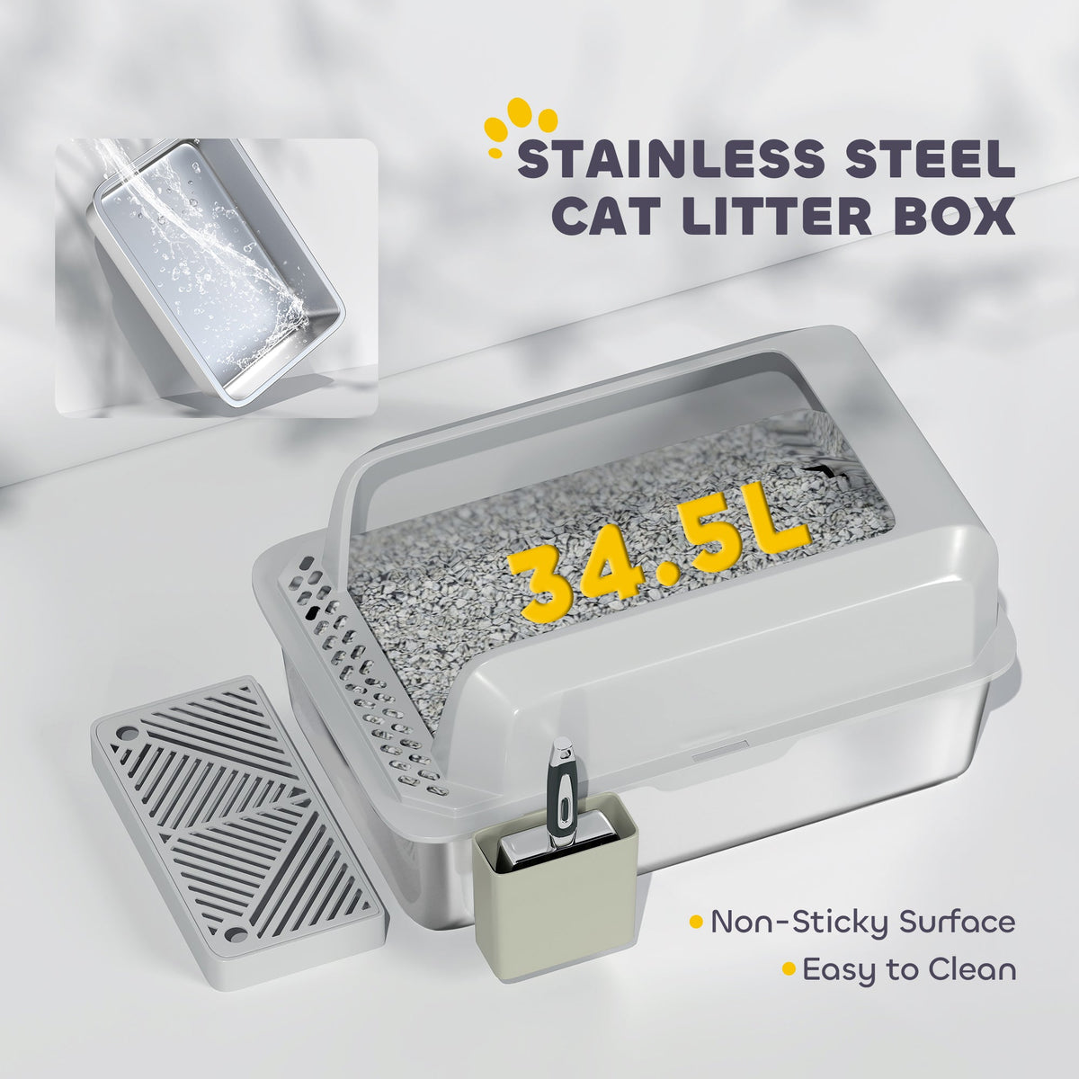 Stainless Steel Litter Box With Metal Scoop Holder High Sided
